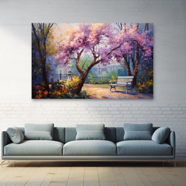 Tableau Jardin au Banc Fleuri, art mural décoration nature