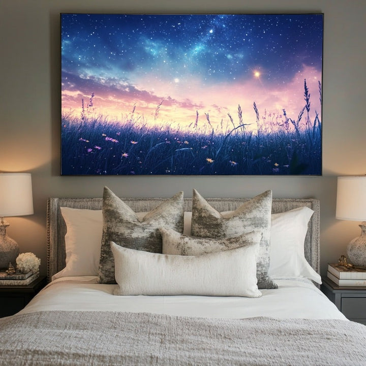 Tableau Prairie sous la Voie Lactée, art mural décoration nature