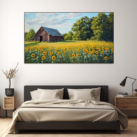 Tableau Champ de Tournesols et Grange, art mural décoration nature