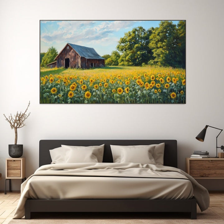 Tableau Champ de Tournesols et Grange, art mural décoration nature