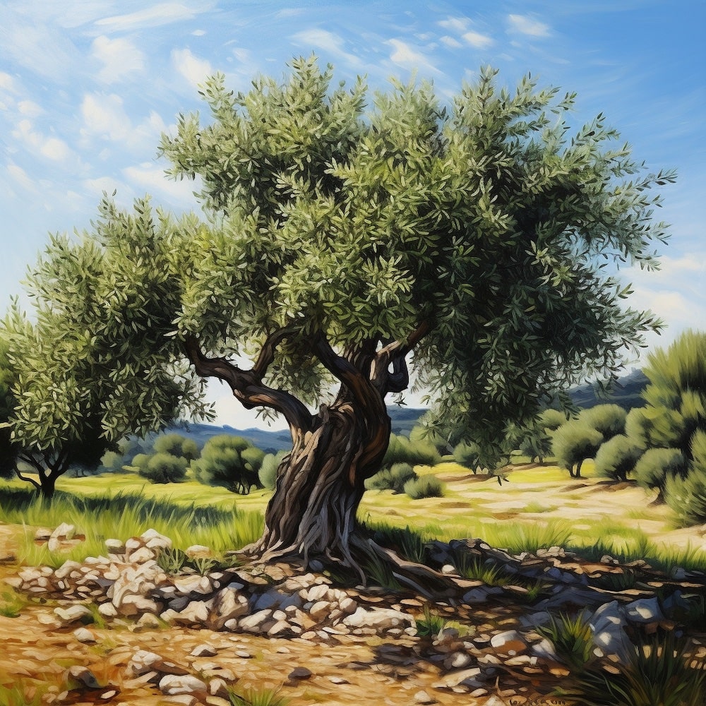 Tableau de l'Olivier Solitaire au Champ Rocailleux Ensoleillé, art mural décoration nature