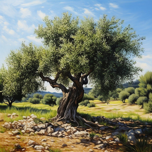 Tableau de l'Olivier Solitaire au Champ Rocailleux Ensoleillé, art mural décoration nature