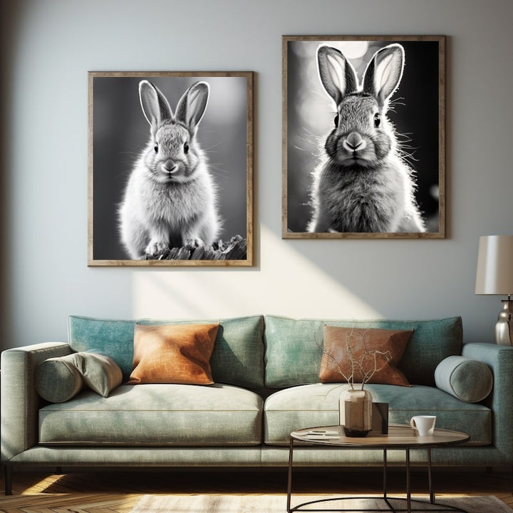 Tableau Duo de Lapins en Noir et Blanc, art mural décoration nature