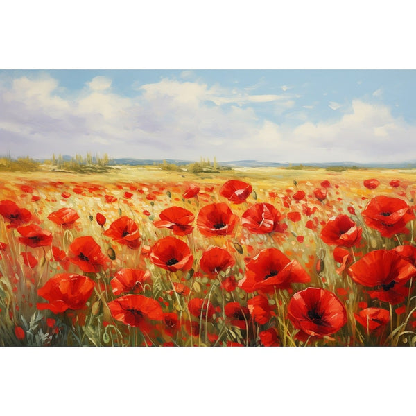 Peinture impressionniste de coquelicots écarlates ondulant dans un champ doré sous un ciel clair