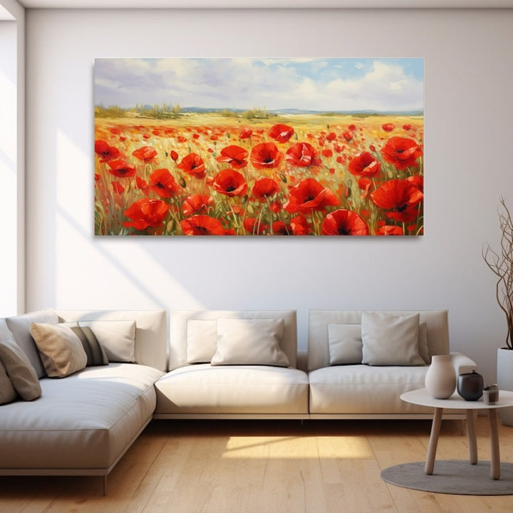 Tableau d'un champ de coquelicots rouges devant des blés dorés, collines lointaines et ciel bleu nuageux