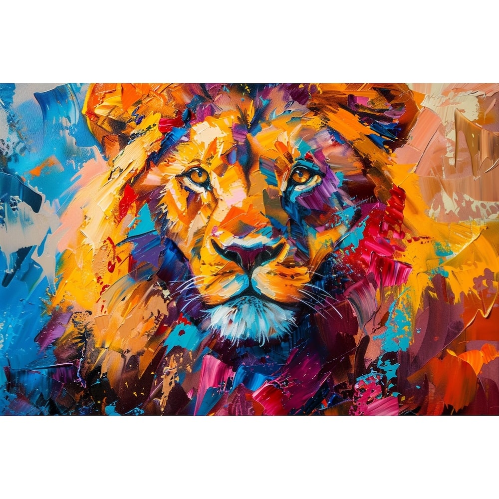 Tableau de Lion en Couleurs Vives et Empâtements Expressifs, art mural décoration nature