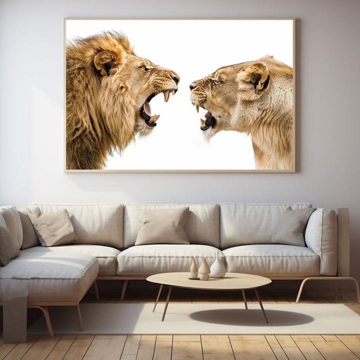 Tableau Lion et Lionne Rugissant, art mural décoration nature