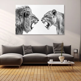 Tableau Lion et Lionne Rugissant Noir et Blanc, art mural décoration nature
