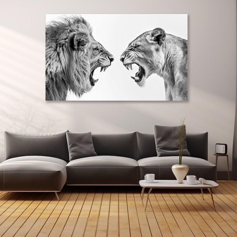 Tableau Lion Et Lionne Rugissant Noir Et Blanc