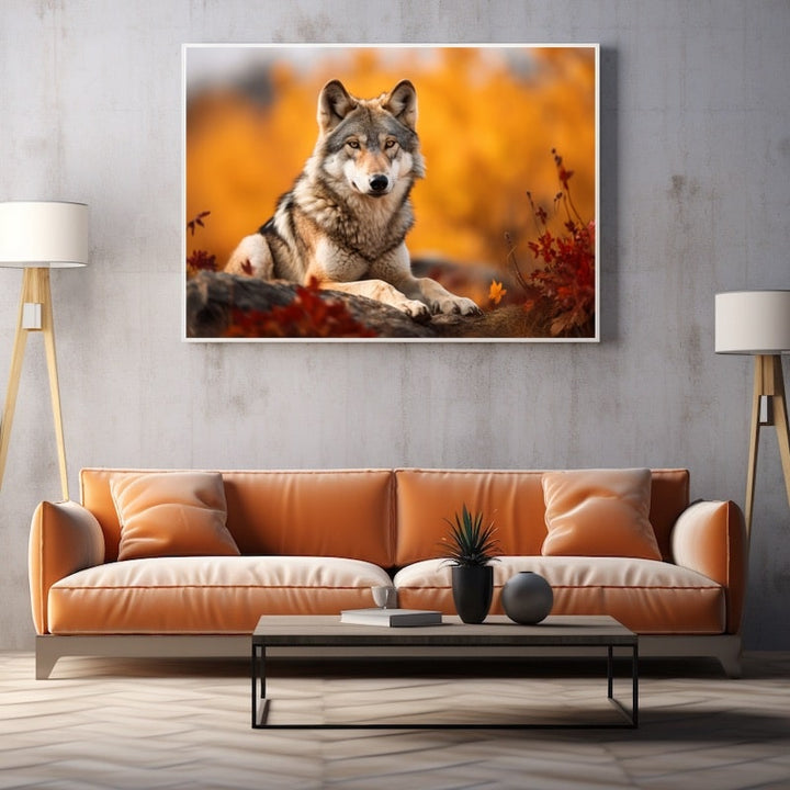 Tableau Loup Automne, art mural décoration nature