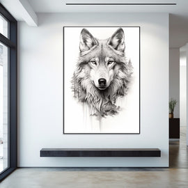 Tableau Loup Dessin Noir et Blanc, art mural décoration nature