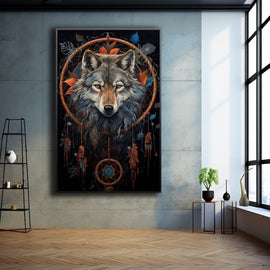 Tableau Loup et Attrape Rêve, art mural décoration nature