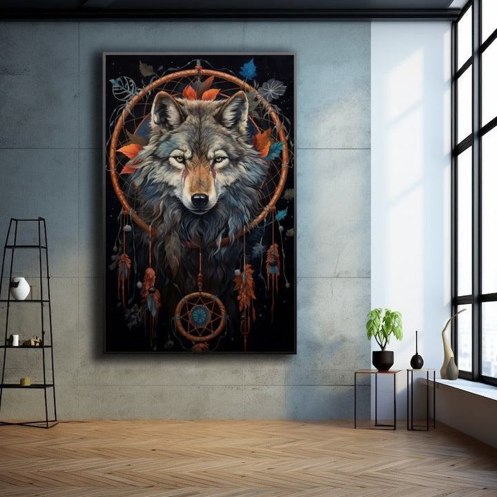 Tableau Loup et Attrape Rêve, art mural décoration nature
