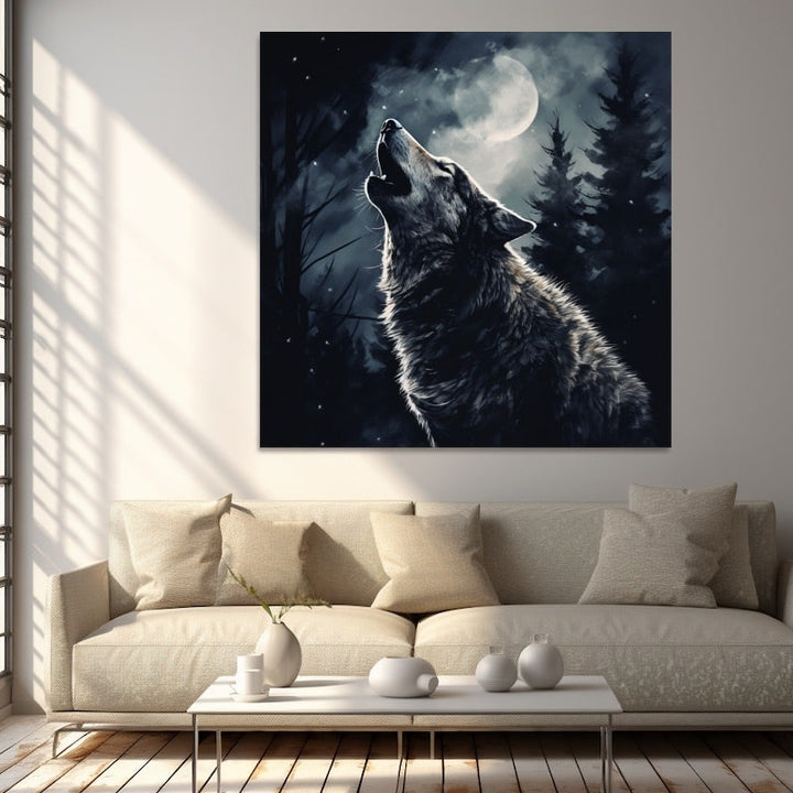 Tableau Loup Lune, art mural décoration nature