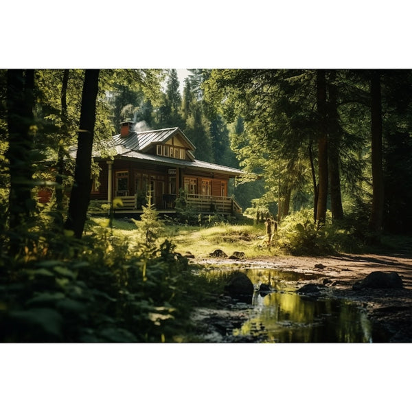 Tableau Chalet en Bois en Forêt, art mural décoration nature