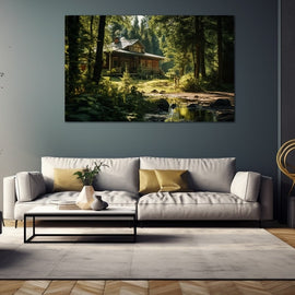 Tableau Chalet en Bois en Forêt, art mural décoration nature