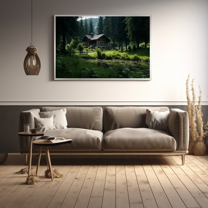 Tableau Maison Rivière Forêt, art mural décoration nature