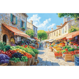 Peinture d'une rue de village en Provence, paniers d'osier garnis de raisins et tomates, ciel bleu