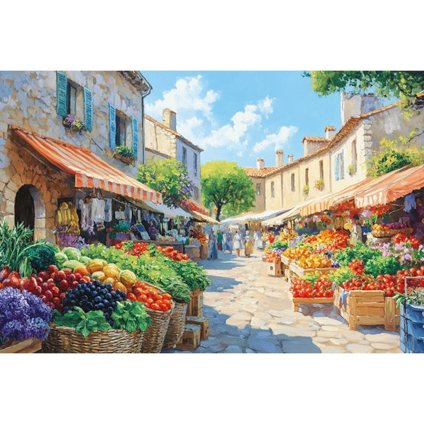 Peinture d'une rue de village en Provence, paniers d'osier garnis de raisins et tomates, ciel bleu