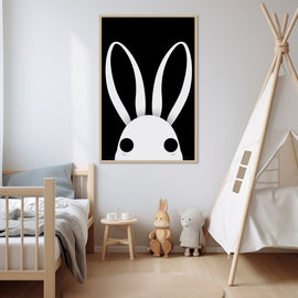 Tableau Moitié Tête Lapin Noir et Blanc, art mural décoration nature