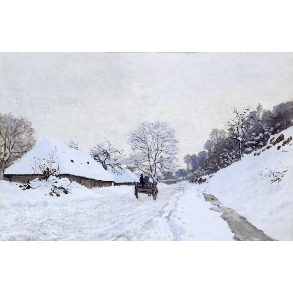 Peinture impressionniste d'un chemin sous la neige, attelage sombre, talus givré et ciel blanc gris