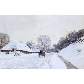 Peinture impressionniste d'un chemin sous la neige, attelage sombre, talus givré et ciel blanc gris