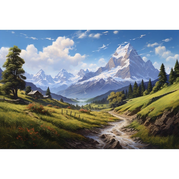 Tableau Chalet Alpin et Pic Enneigé - Paysage de Vallée, art mural décoration nature