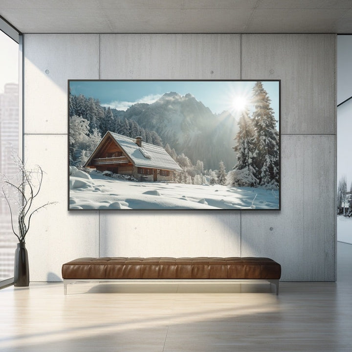 Tableau Chalet Enneigé en Montagne, art mural décoration nature