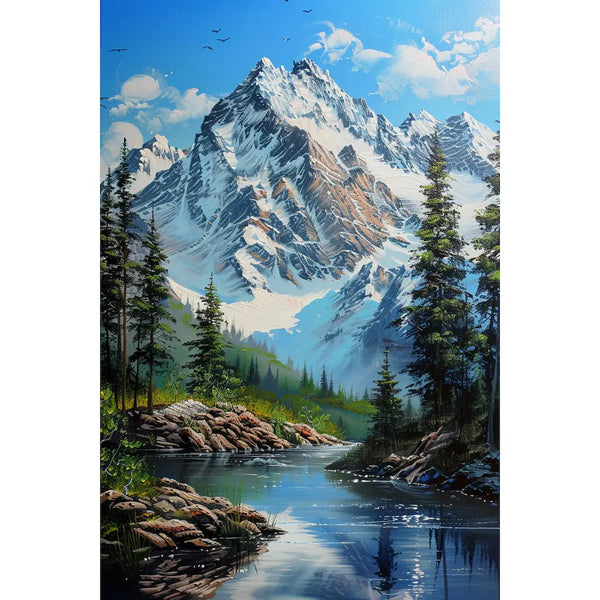 Tableau Montagne Enneigée et Rivière, art mural décoration nature
