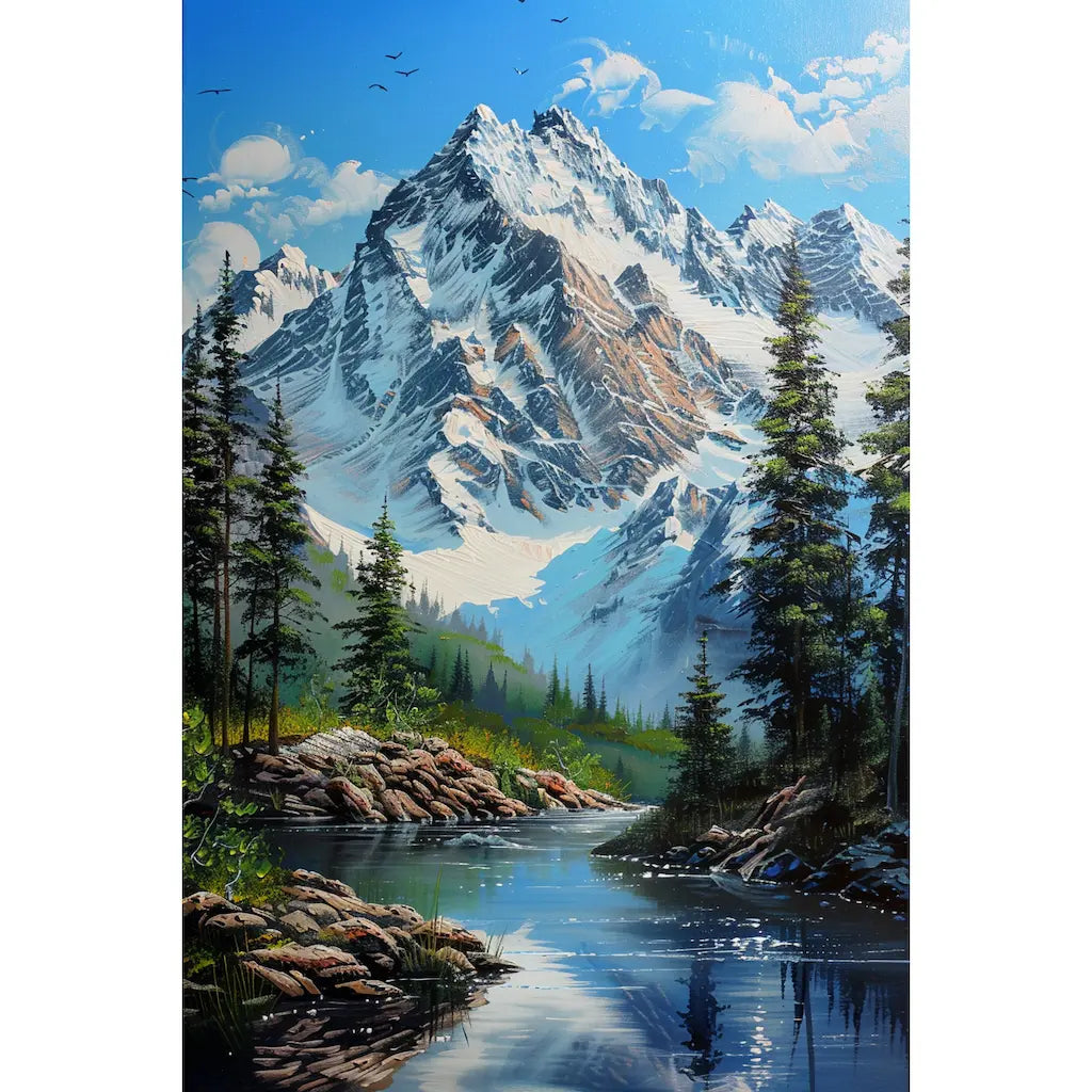 Tableau montagne enneigée avec rivière et forêt de sapins