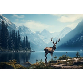 Tableau Montagne Lac Cerf et Forêt, art mural décoration nature