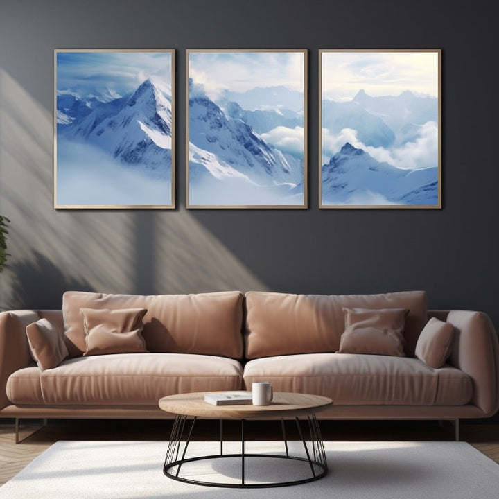 Tableau Montagne Neige Triptyque, art mural décoration nature