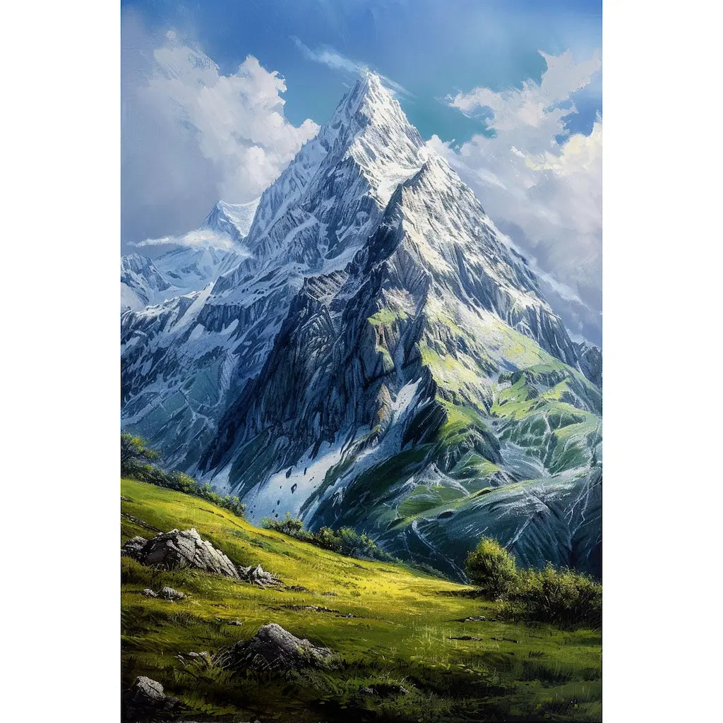 Tableau sommet enneigé et prairie alpine verdoyante