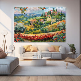 Tableau en mosaïque d'une campagne toscane, collines vertes et jaunes, cyprès et village aux toits rouges