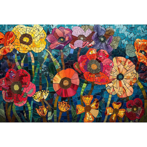 Peinture façon vitrail aux tesselles colorées, coquelicots orangés et corolles mauves sur ciel turquoise
