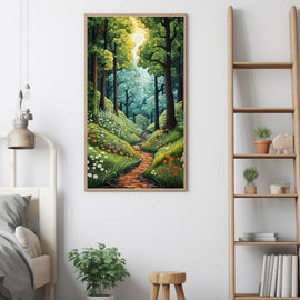 Tableau Naïf Chemin Forêt, art mural décoration nature
