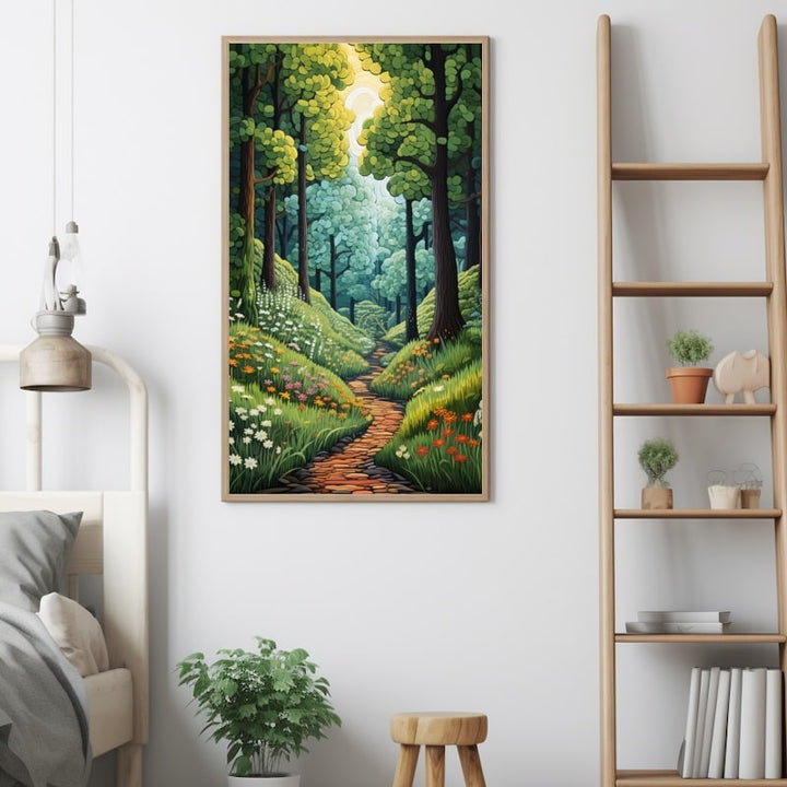 Tableau Naïf Chemin Forêt, art mural décoration nature