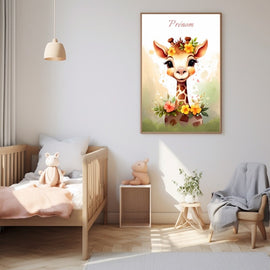 Tableau Naissance Fille Girafe, art mural décoration nature