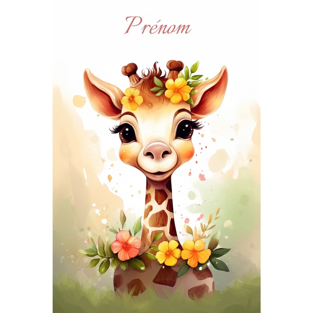 Tableau Naissance Fille Girafe, art mural décoration nature
