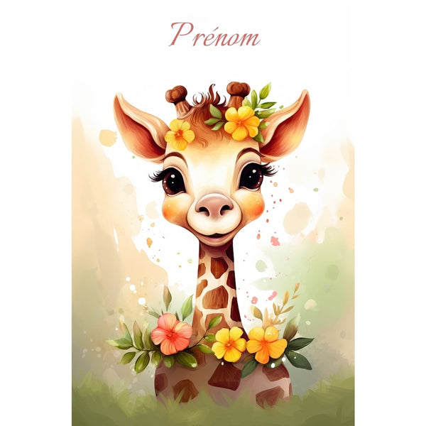 Tableau Naissance Fille Girafe, art mural décoration nature
