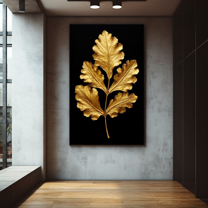 Tableau Noir Feuille Dorée, art mural décoration nature