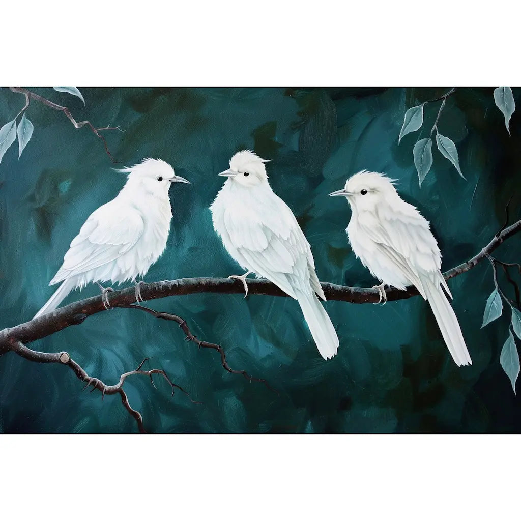 Tableau trois oiseaux blancs sur une branche, fond émeraude