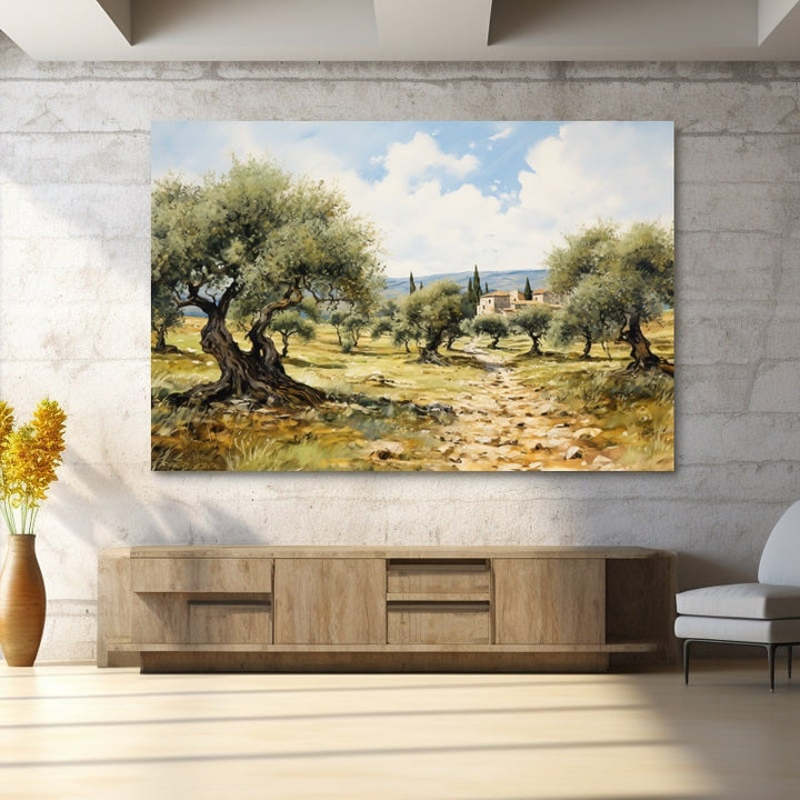 Tableau d'une oliveraie provençale, vieil olivier au tronc noueux, mas aux tuiles rouges et collines bleutées