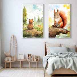 Tableau Ours Écureuil Dessin Enfant, art mural décoration nature