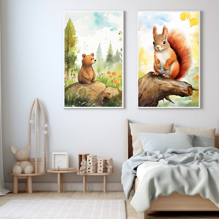 Tableau Ours Écureuil Dessin Enfant, art mural décoration nature