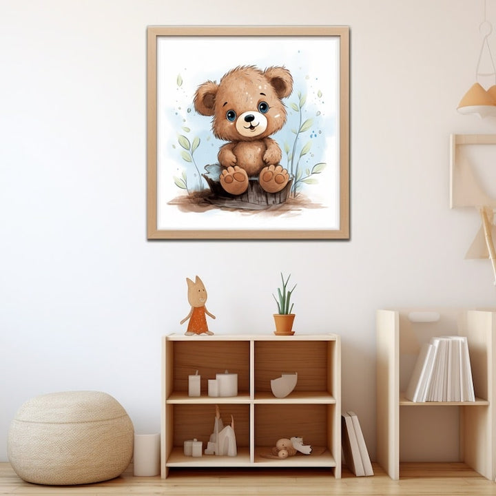 Tableau Ours en Peluche sur une Souche, art mural décoration nature