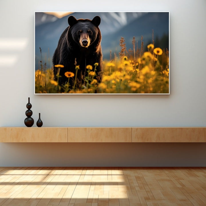 Tableau Ours Fleurs, art mural décoration nature