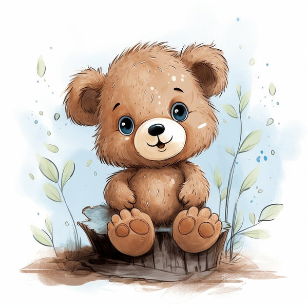 Tableau Ours en Peluche sur une Souche, art mural décoration nature