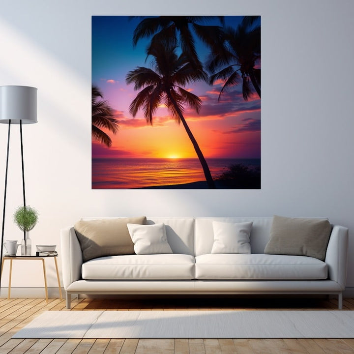 Tableau Palmier Coucher de Soleil, art mural décoration nature