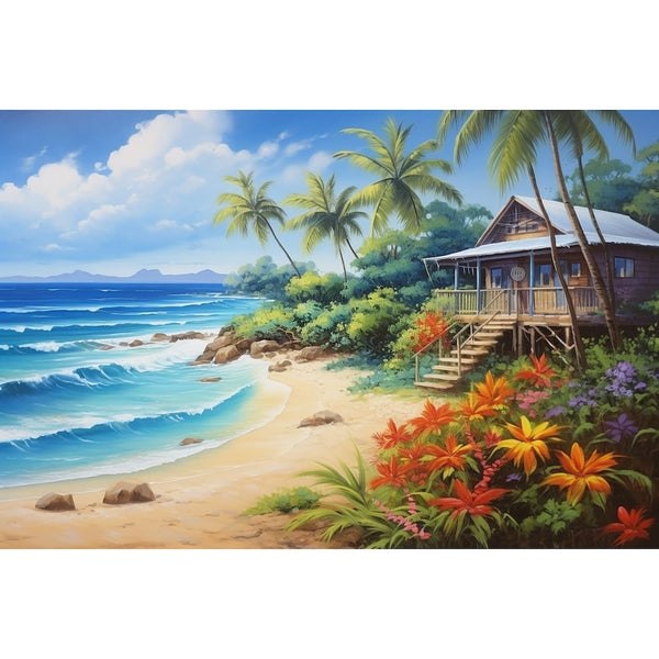 Tableau Peint Palmier Plage Maison, art mural décoration nature